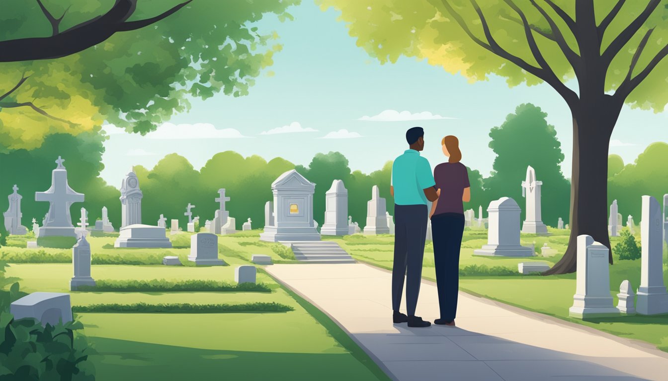 A serene cemetery in Mississippi, with a peaceful atmosphere and lush greenery, as a person discusses burial insurance with a representative