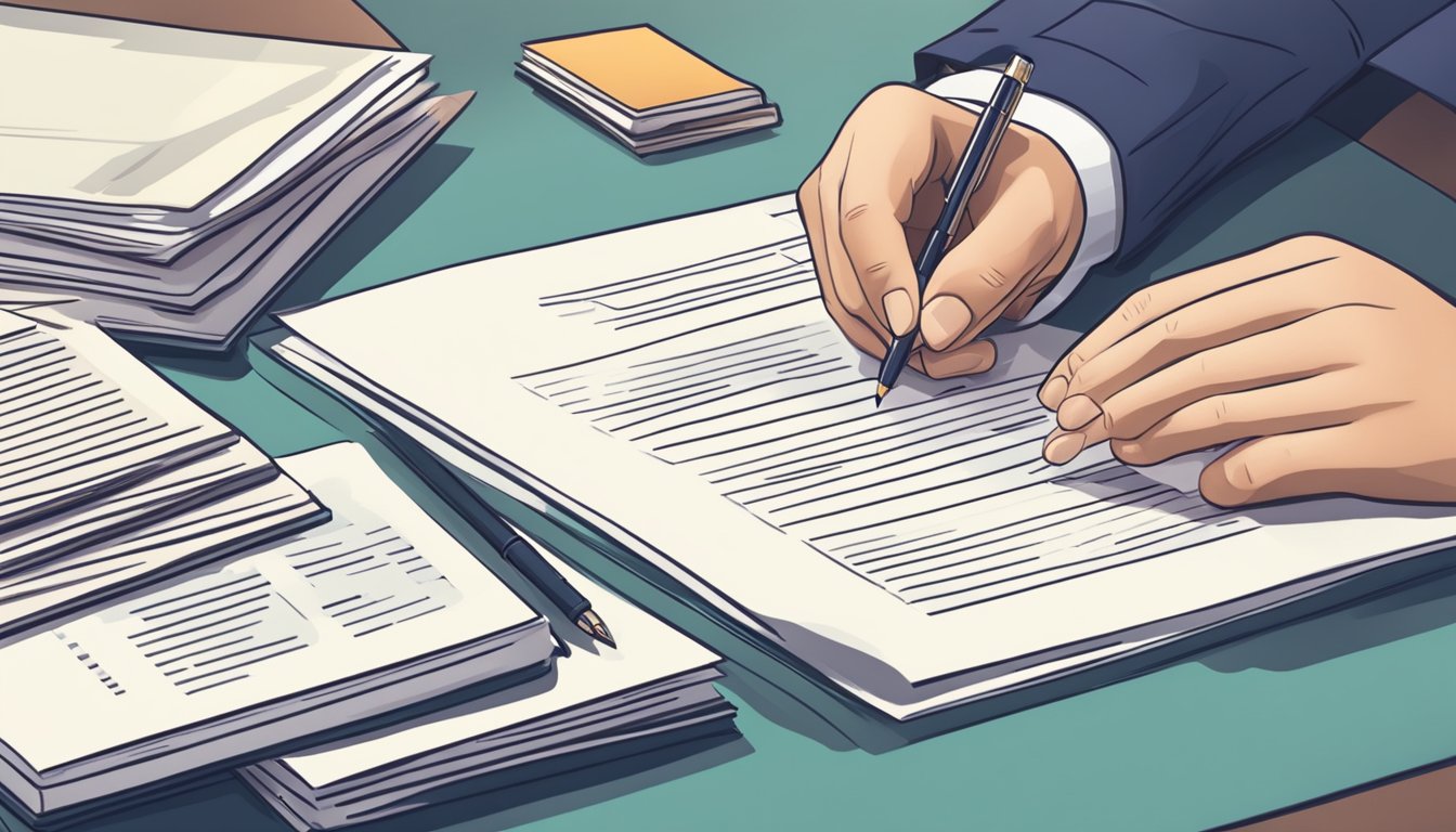 A person signing a contract with a stack of legal documents and a regulatory handbook on a desk