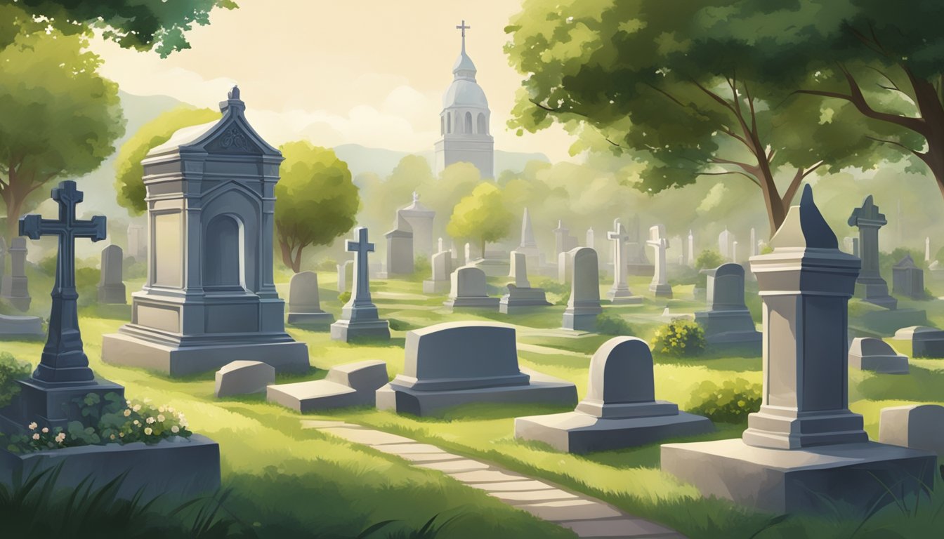 A serene cemetery with a peaceful atmosphere, surrounded by lush greenery and adorned with elegant headstones and monuments