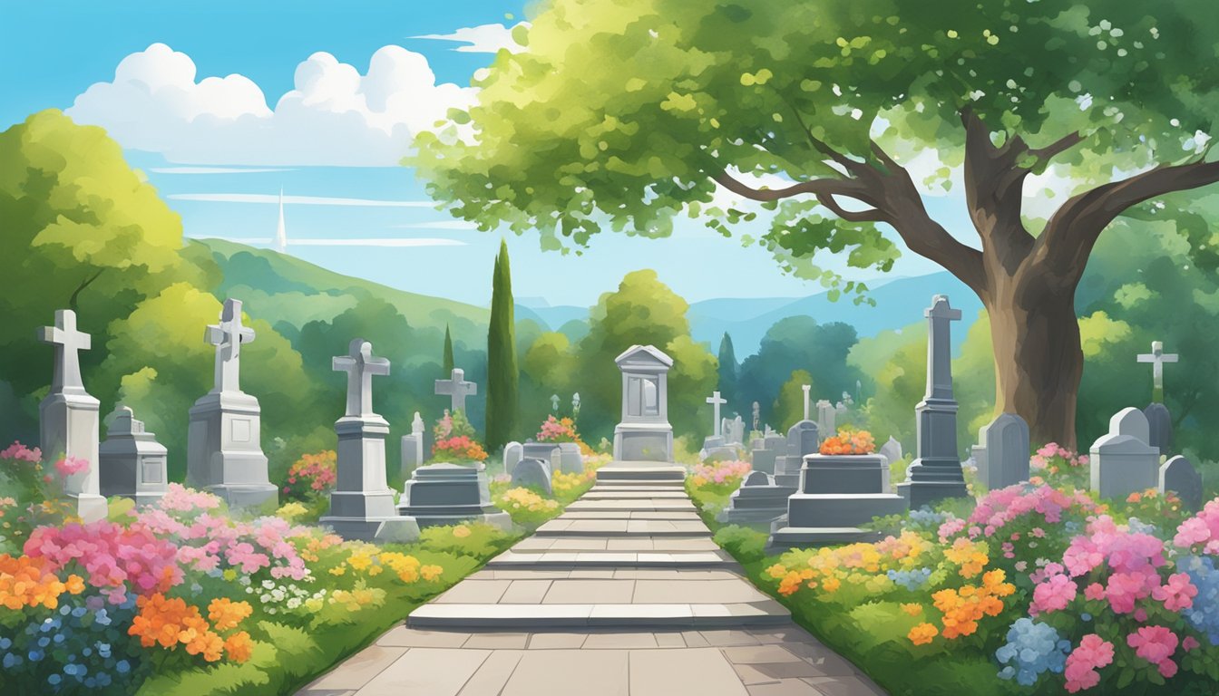 A serene setting with a peaceful cemetery surrounded by lush greenery and colorful flowers, with a clear blue sky overhead