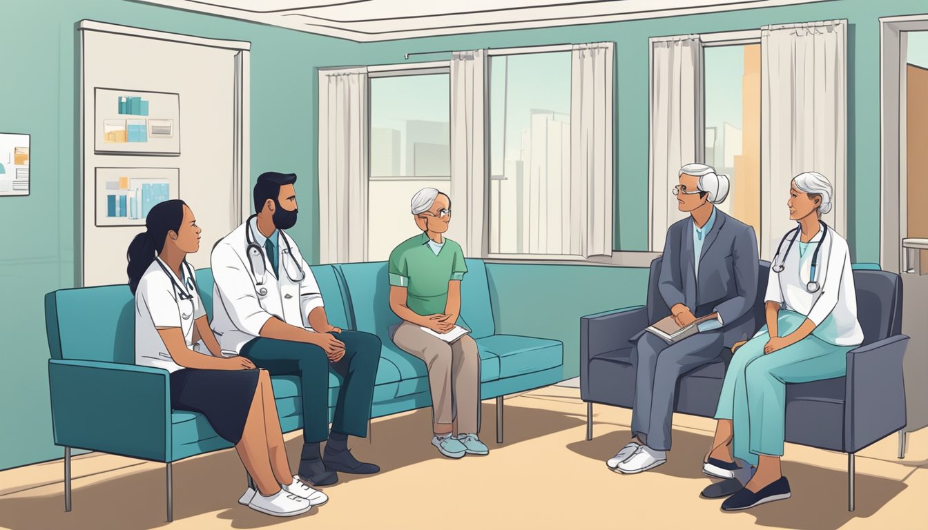 A doctor explaining critical illness insurance to a patient's family in a hospital waiting room