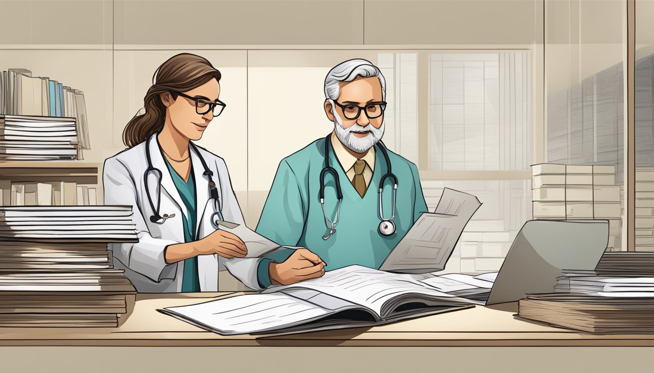 A doctor reviewing medical records and discussing coverage with a patient