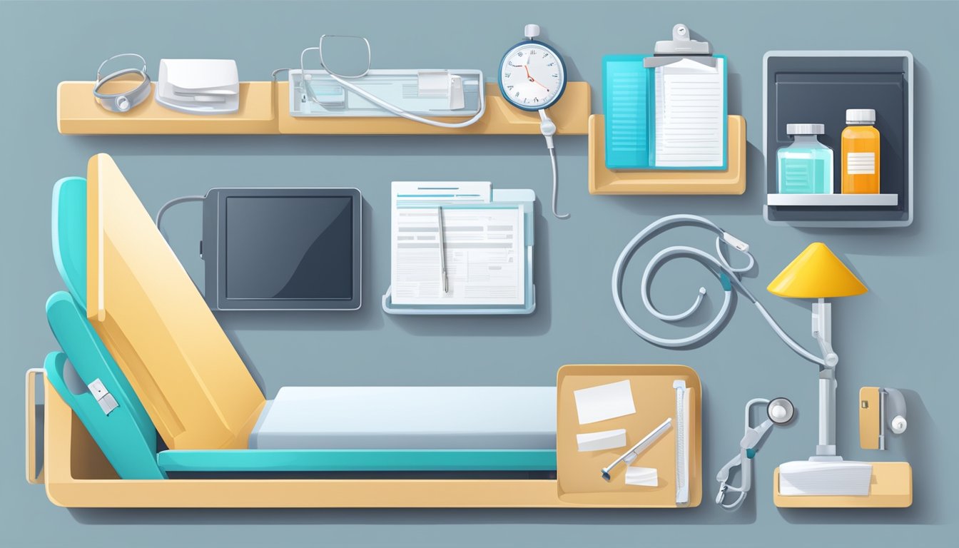 A hospital bed with medical equipment and a clipboard with insurance paperwork