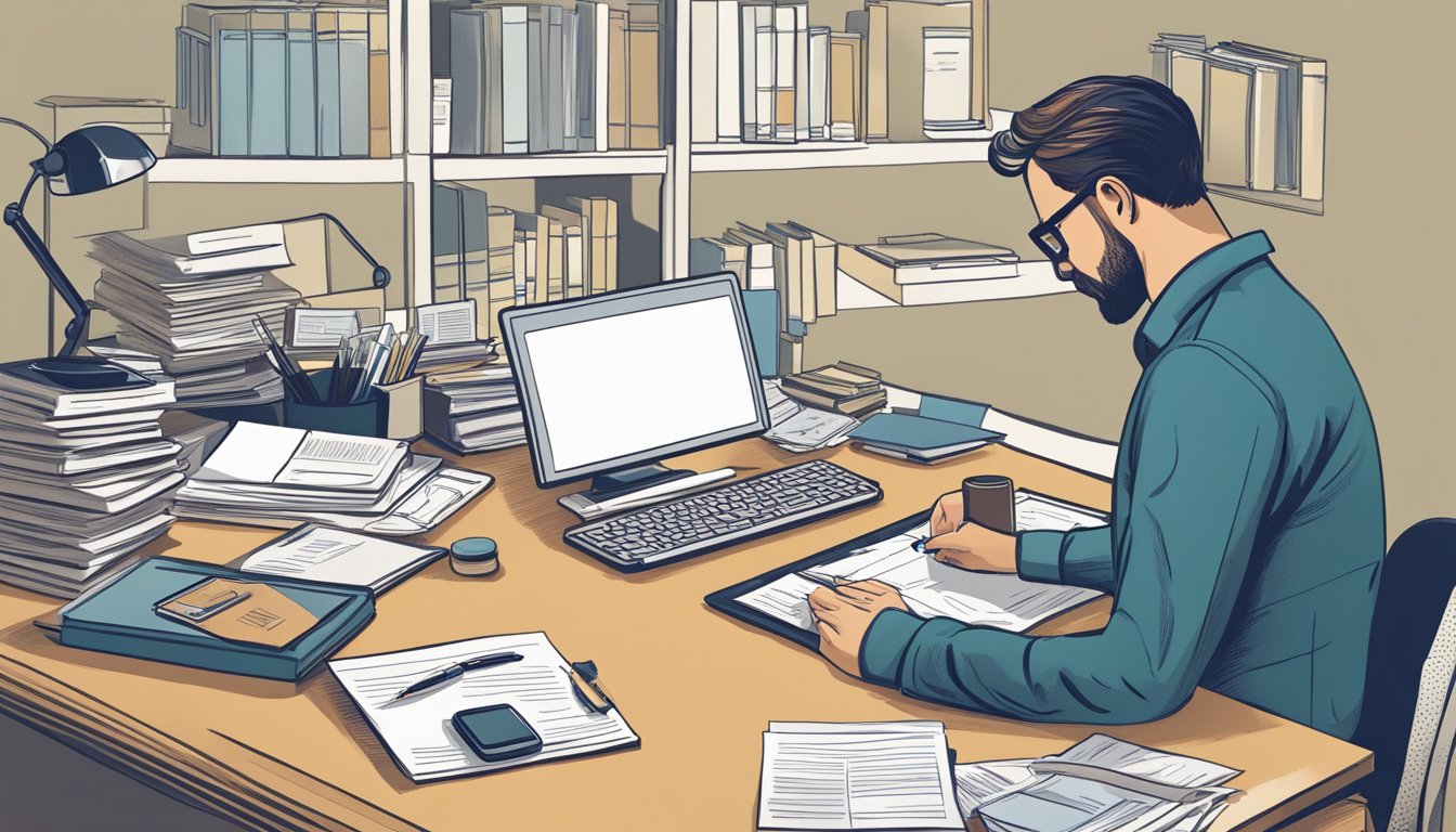 A person sitting at a desk surrounded by paperwork, a computer, and a phone while researching and comparing burial insurance options in Maine