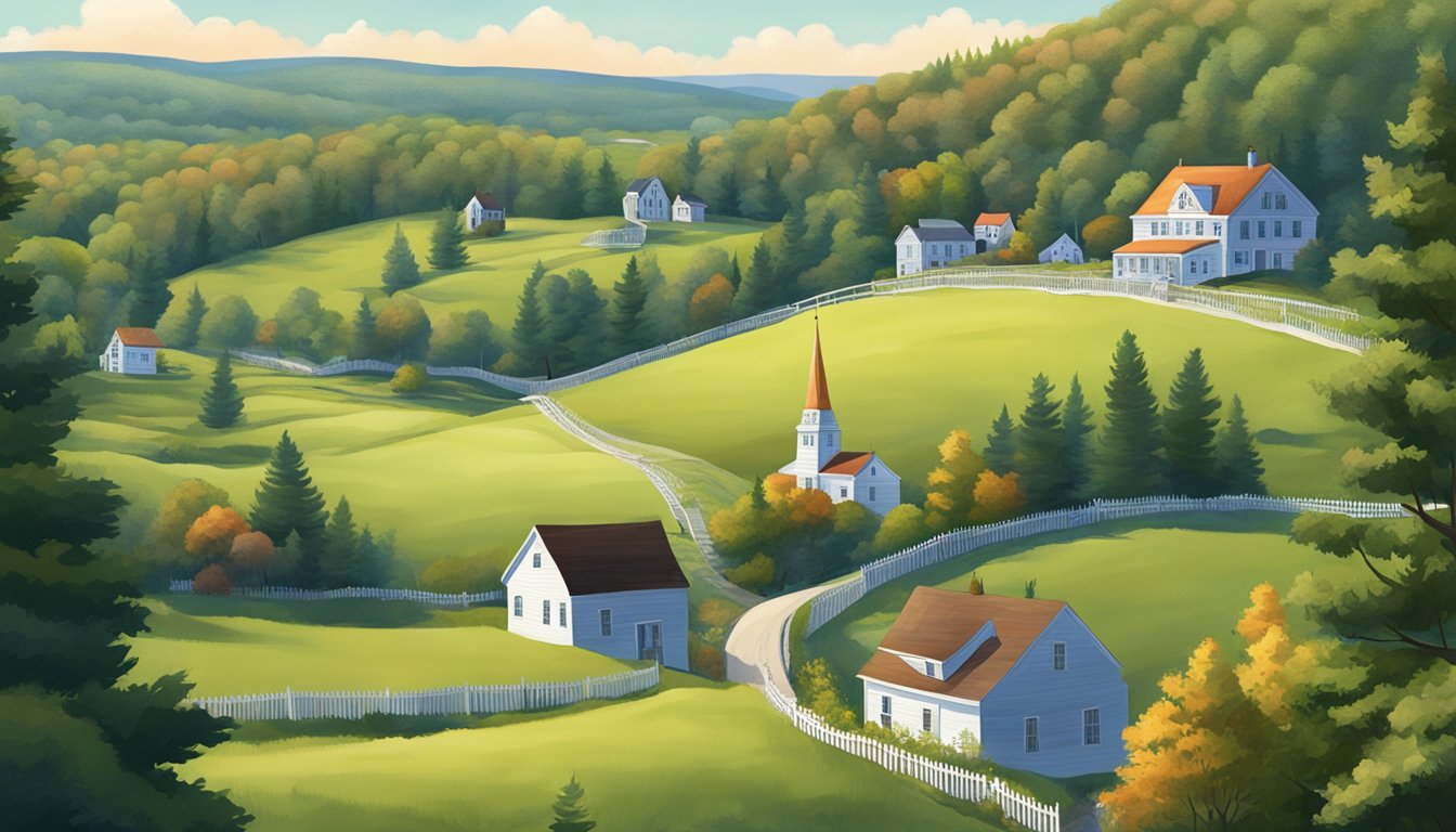 A serene landscape of rolling hills and a quaint town in Maine, with a small cemetery nestled among the trees