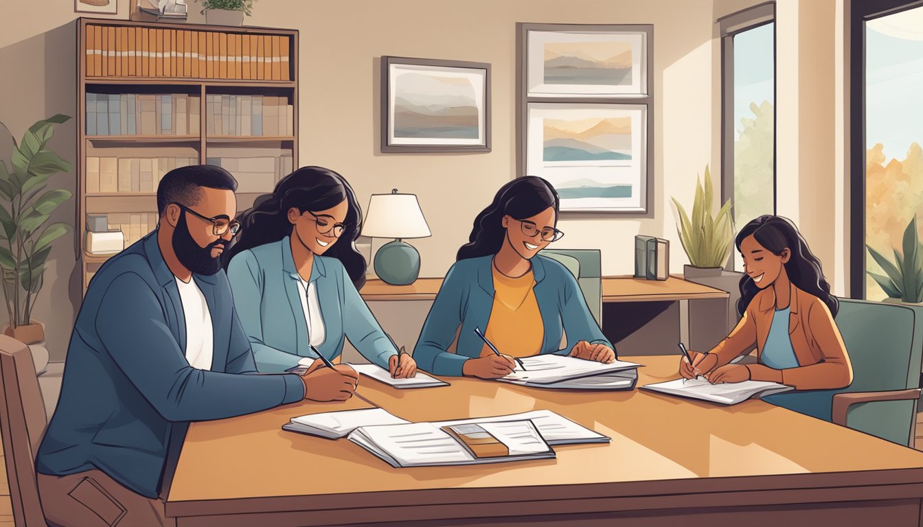 A family sitting around a table with a representative, signing paperwork for burial insurance in a cozy office in Nebraska