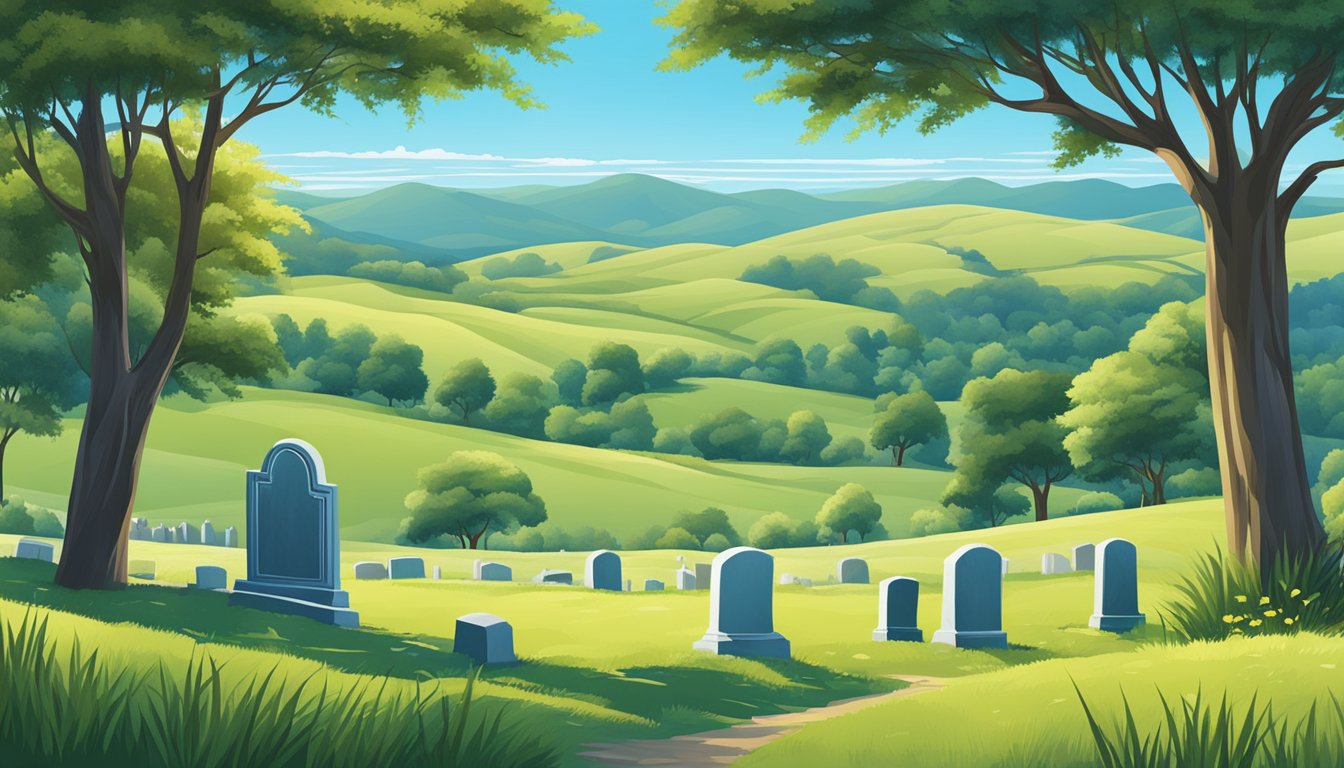 A tranquil landscape with a serene cemetery nestled among rolling hills and tall grass, with a clear blue sky overhead