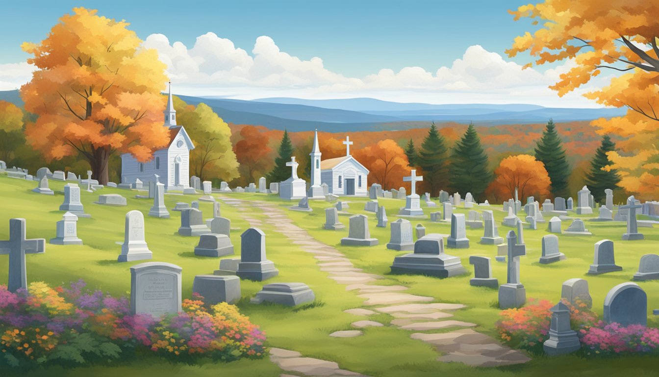 A serene landscape of a peaceful cemetery nestled among the rolling hills of Maine, with a quaint chapel and colorful foliage in the background