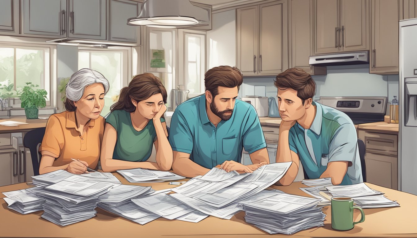 A worried family sitting at a kitchen table, surrounded by medical bills and insurance documents