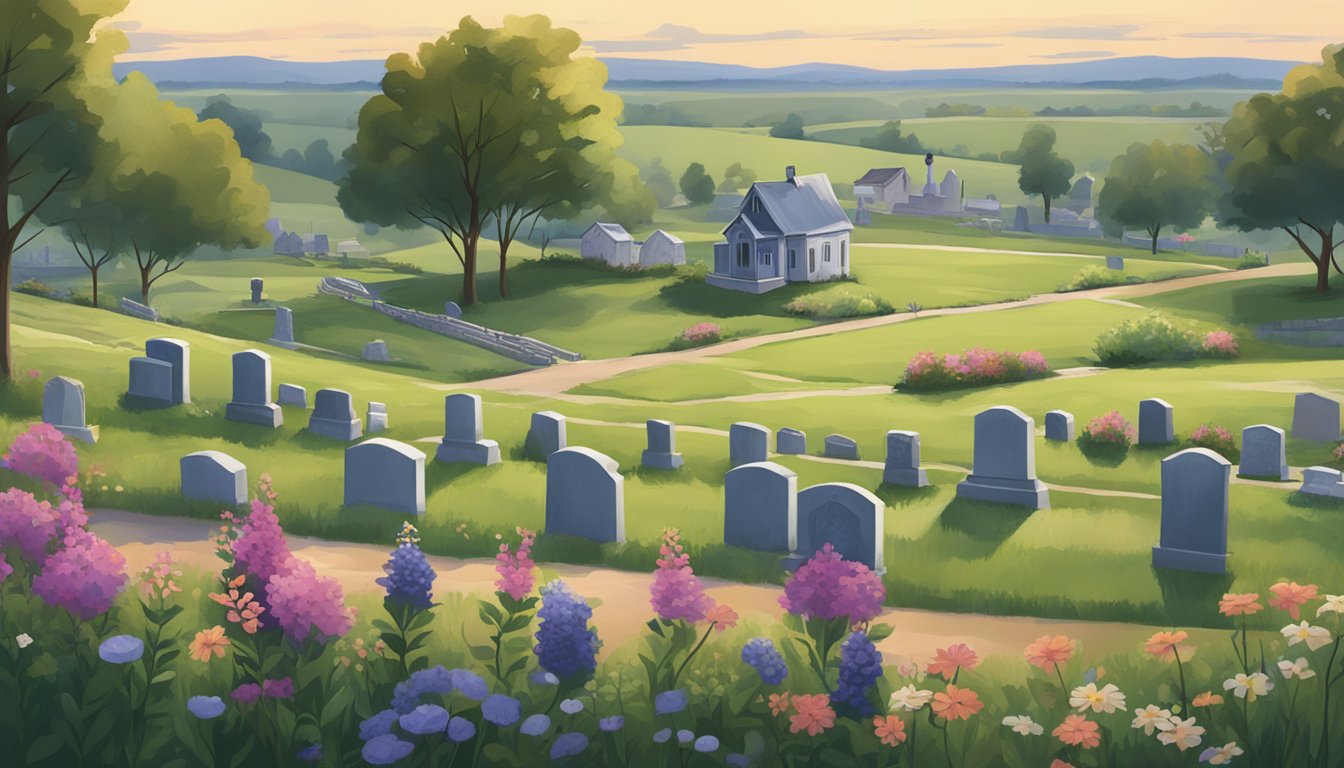 A serene, rural Nebraska landscape with a small town in the background, and a peaceful cemetery with gravestones and flowers in the foreground