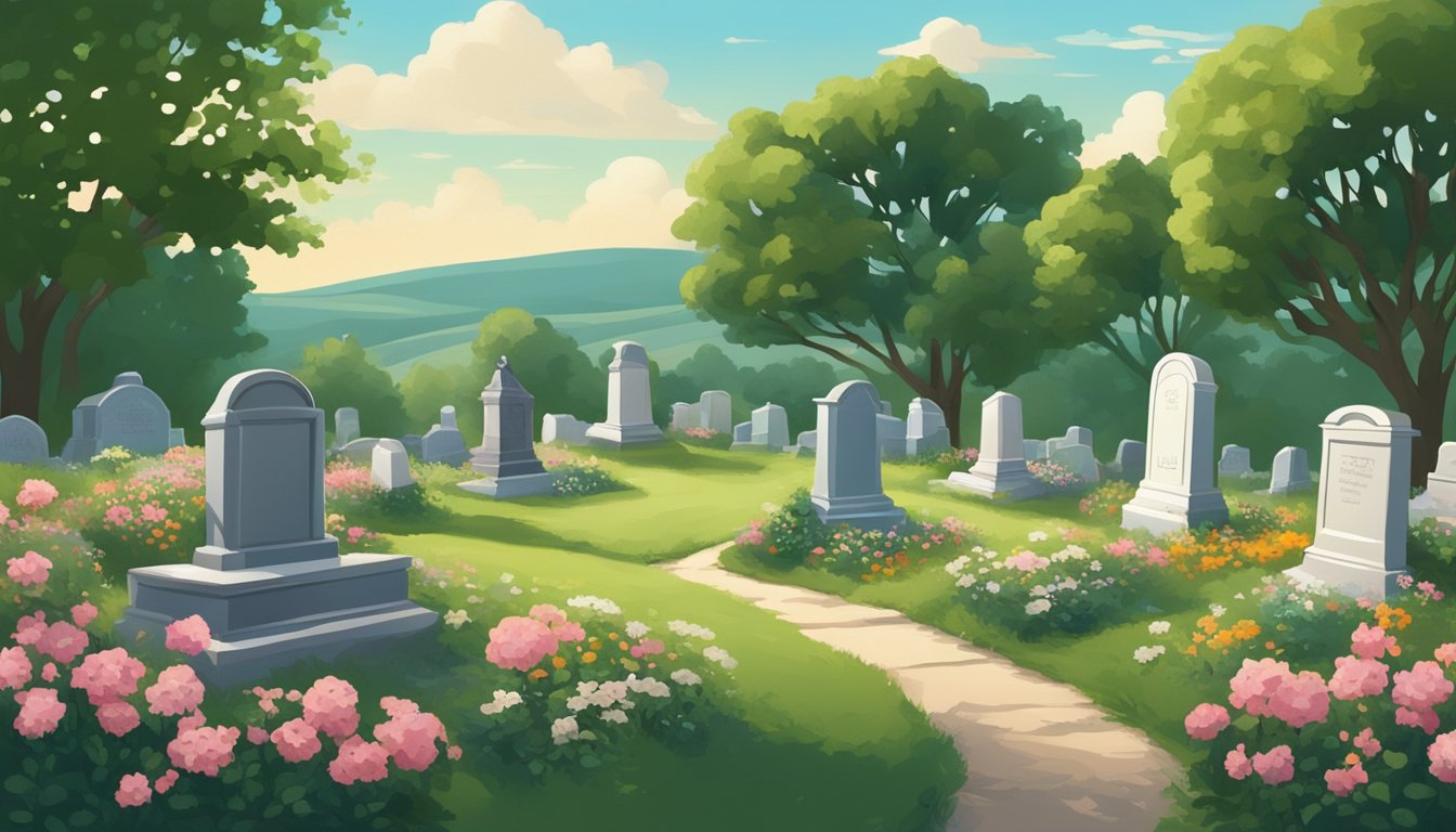 A serene cemetery nestled in the rolling hills of Nebraska, with a peaceful and dignified atmosphere, surrounded by lush greenery and blooming flowers