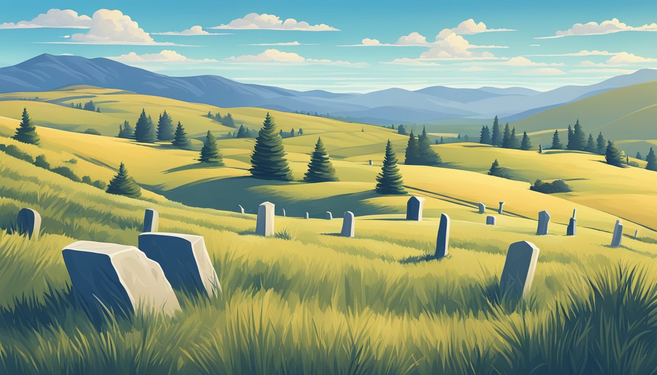 A serene landscape in Montana, with a small, tranquil cemetery nestled among rolling hills and a clear blue sky