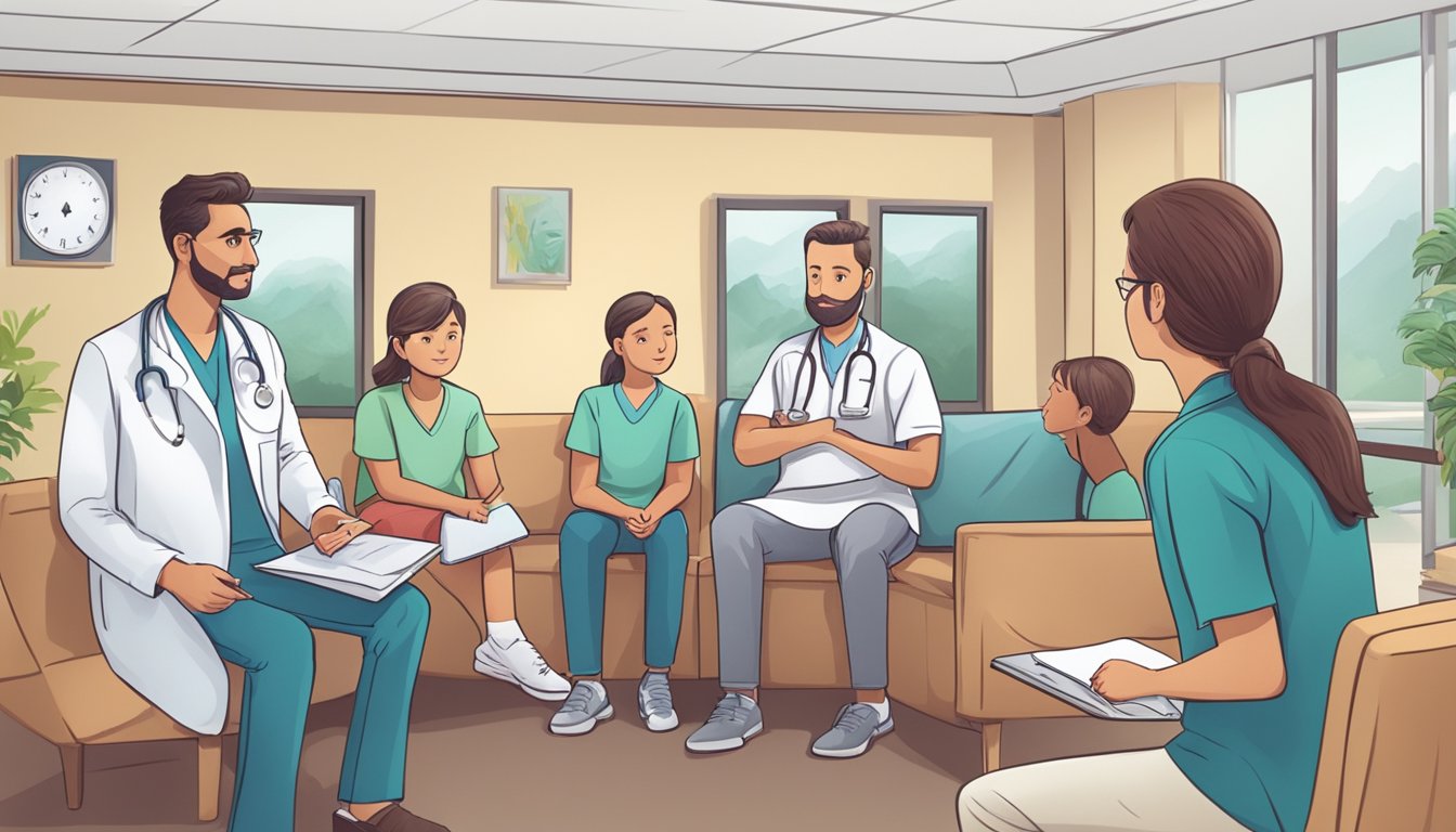 A doctor explaining critical illness insurance to a concerned family in a hospital waiting room