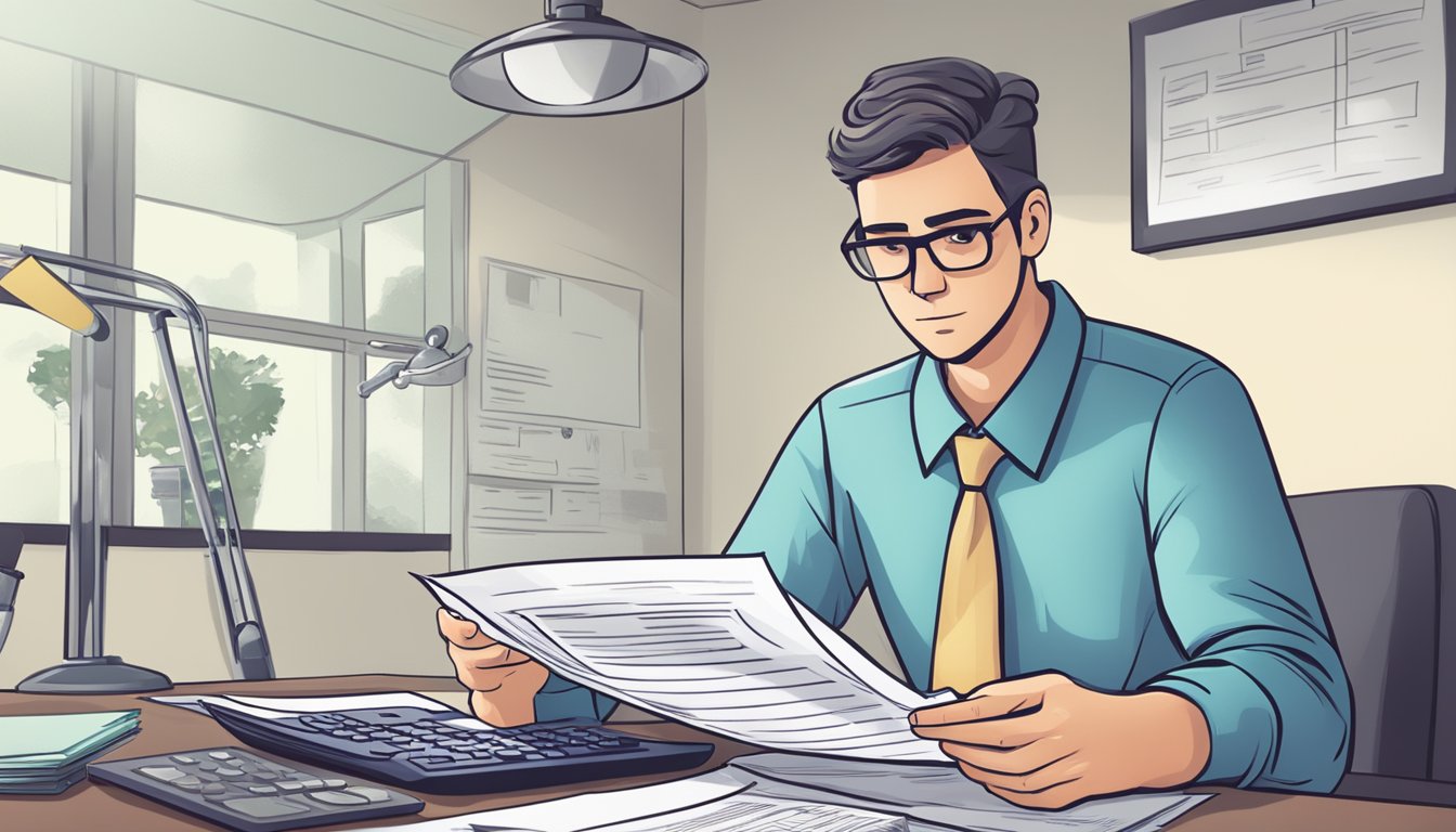 A person holding a critical illness insurance policy document while sitting at a desk with a calculator, medical bills, and a worried expression