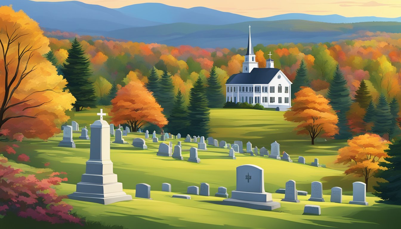 A serene New Hampshire landscape with a peaceful cemetery nestled among rolling hills and colorful foliage