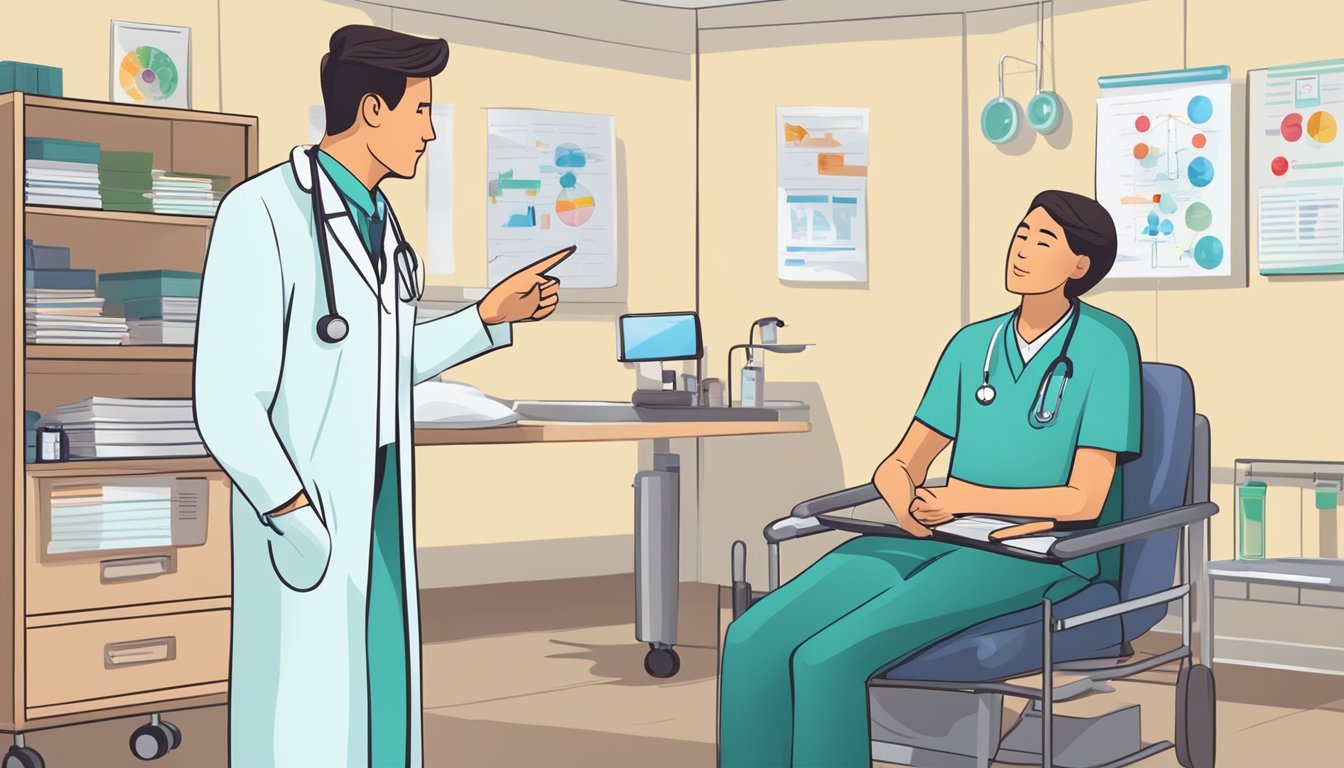 A doctor explaining critical illness to a patient in a hospital room. The doctor is pointing to a chart showing various medical conditions