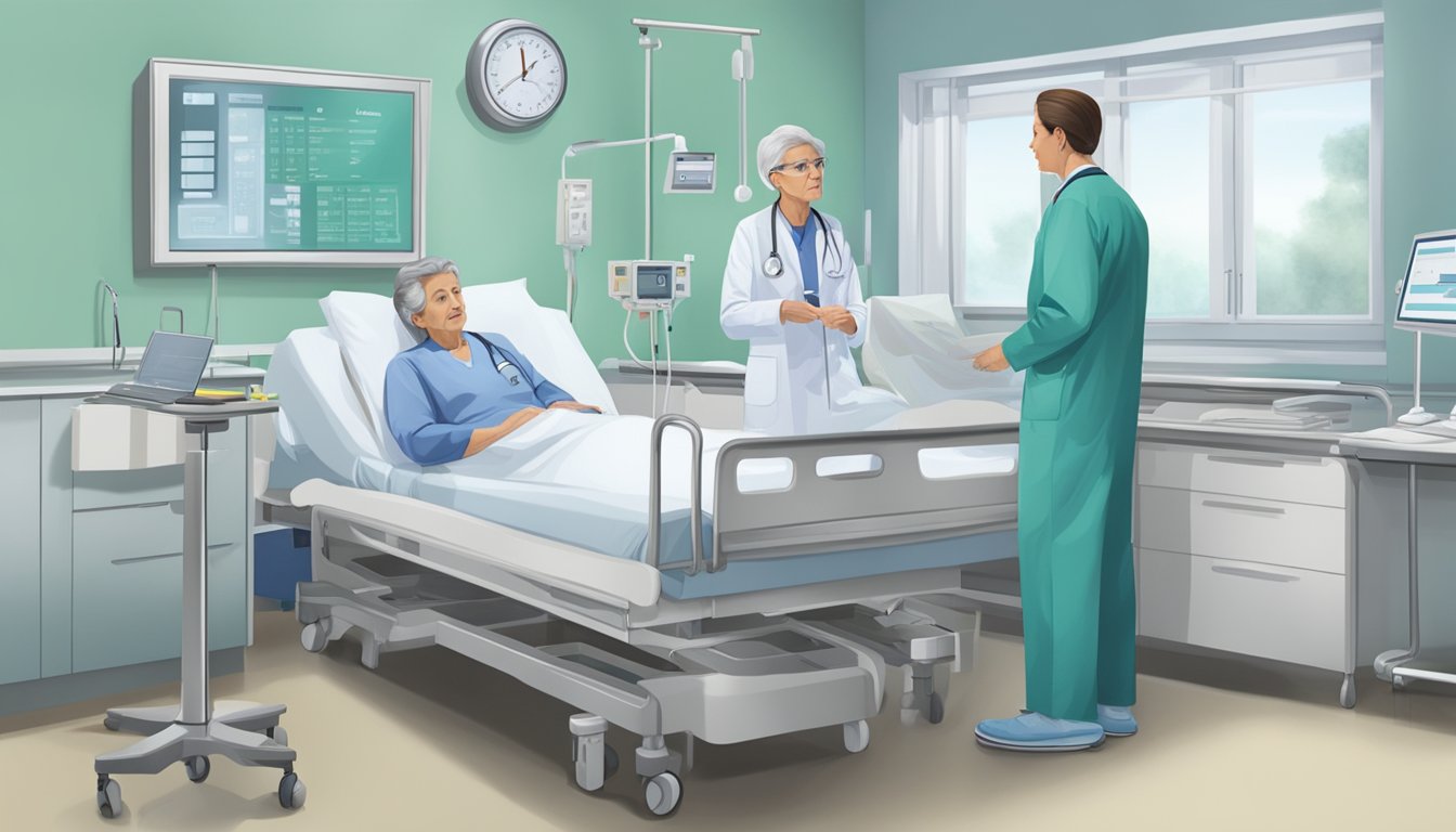 A hospital bed with medical equipment and a doctor reviewing a chart with a concerned family member