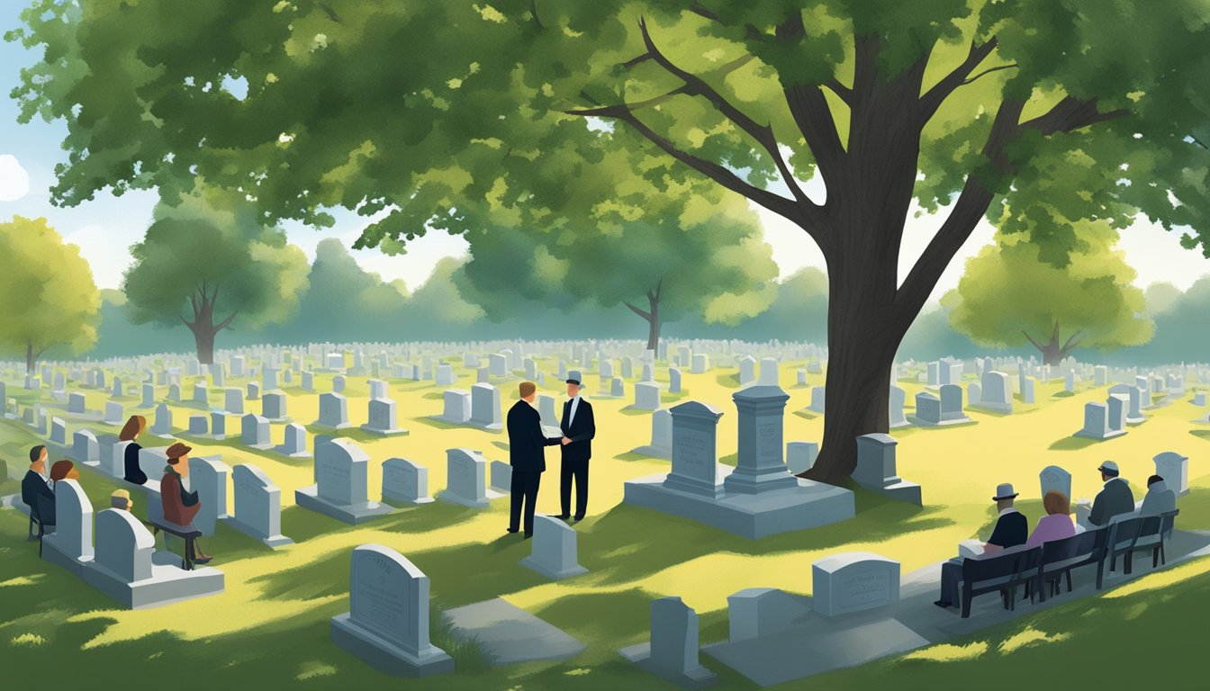 A serene cemetery in New Hampshire, with a small group of people discussing funeral arrangements and burial insurance under the shade of a large oak tree