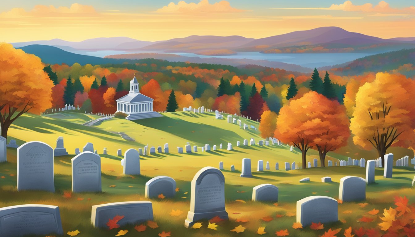 A serene New Hampshire landscape with a peaceful cemetery nestled among rolling hills, surrounded by vibrant autumn foliage