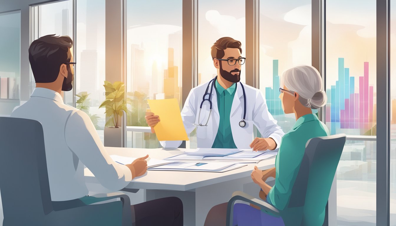 A doctor pointing to a chart of critical illnesses while discussing with a concerned couple in a bright, modern office