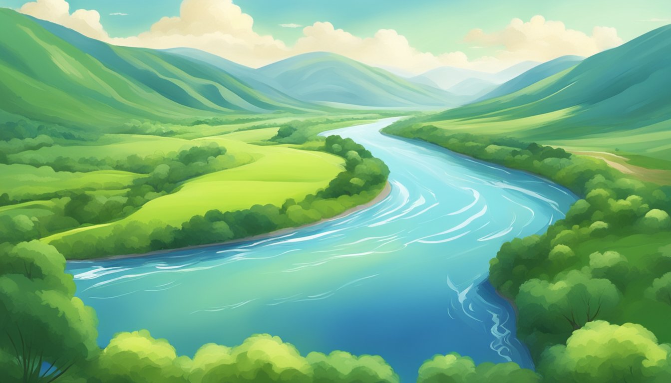 A serene landscape with a peaceful river flowing through a lush green valley, with a clear blue sky and a few fluffy white clouds overhead