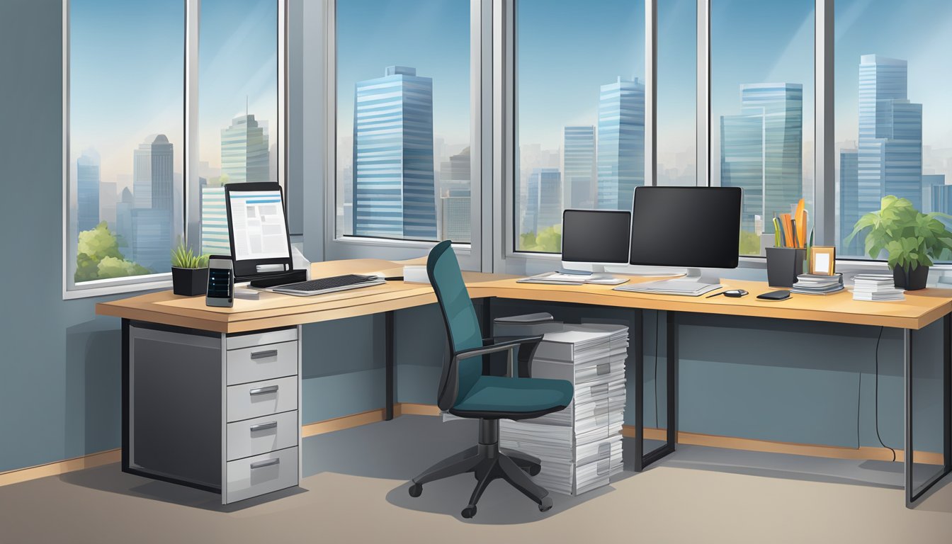 An office desk with a computer, paperwork, and a phone. A filing cabinet with labeled folders. A window with a view of a city skyline