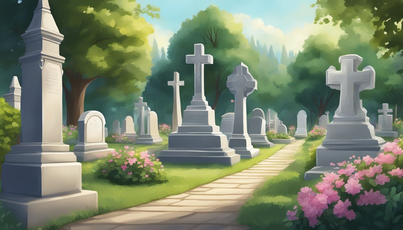 A serene cemetery with a peaceful atmosphere, surrounded by lush greenery and adorned with elegant headstones and memorials