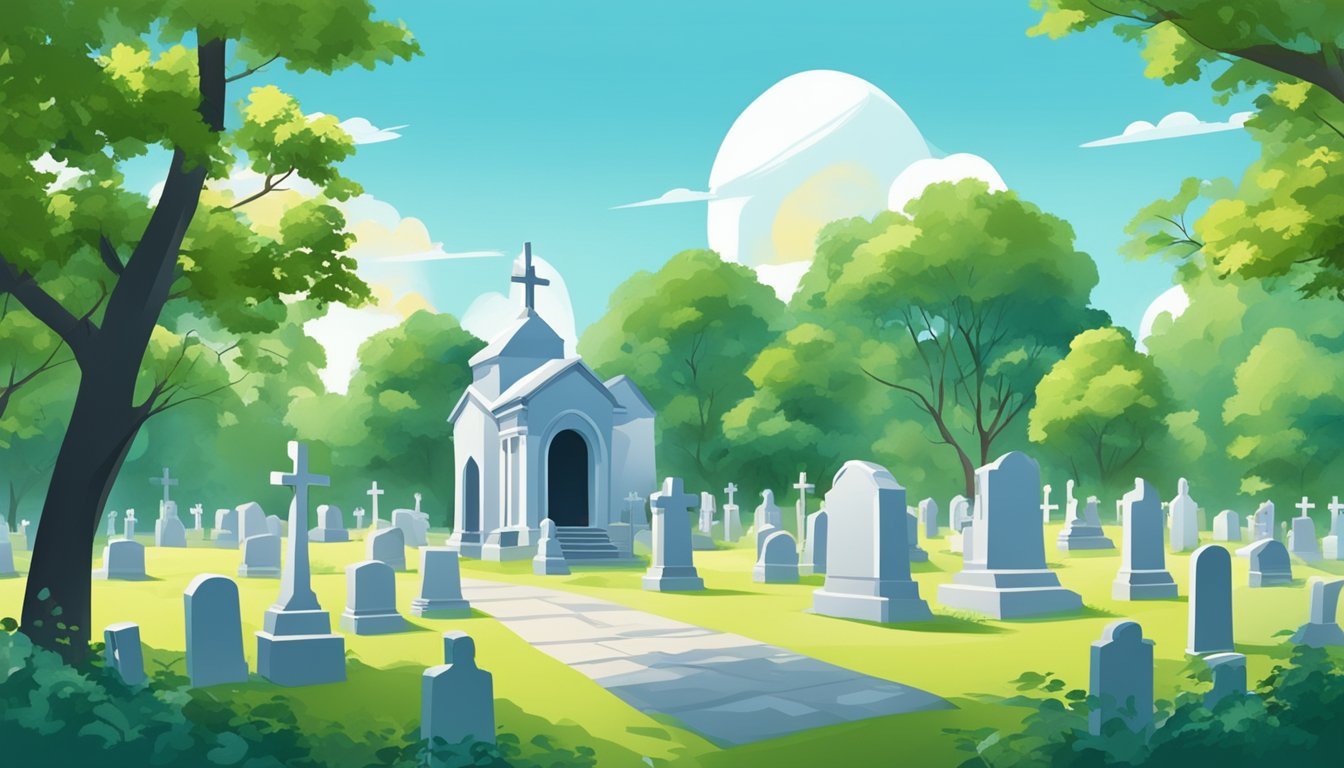 A serene cemetery with gravestones surrounded by lush greenery, under a clear blue sky. A small chapel and peaceful atmosphere convey a sense of tranquility and respect