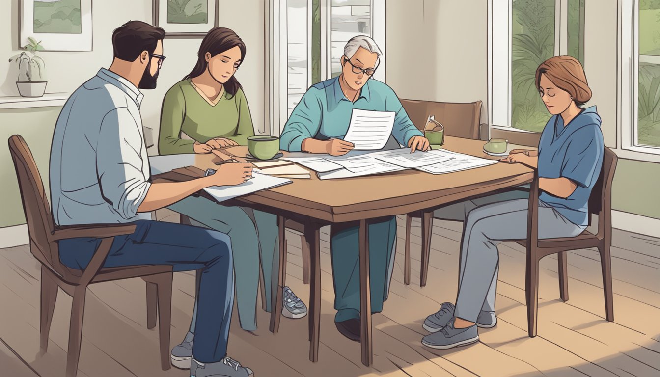 A family sits around a table reviewing insurance policies, while a concerned individual looks over a document labeled "Serious Illness Cover."