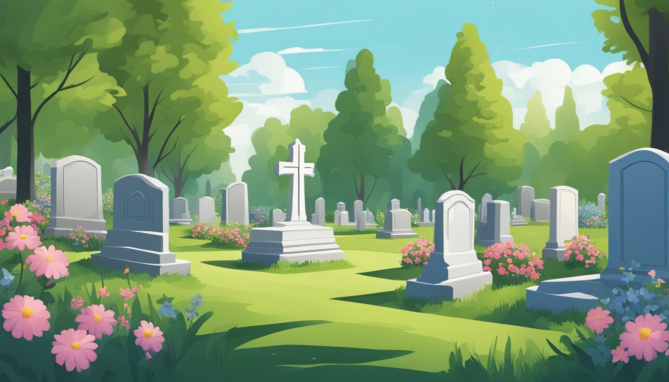 A serene cemetery with gravestones under a blue sky, surrounded by lush green trees and flowers. A small burial insurance brochure rests on a nearby bench