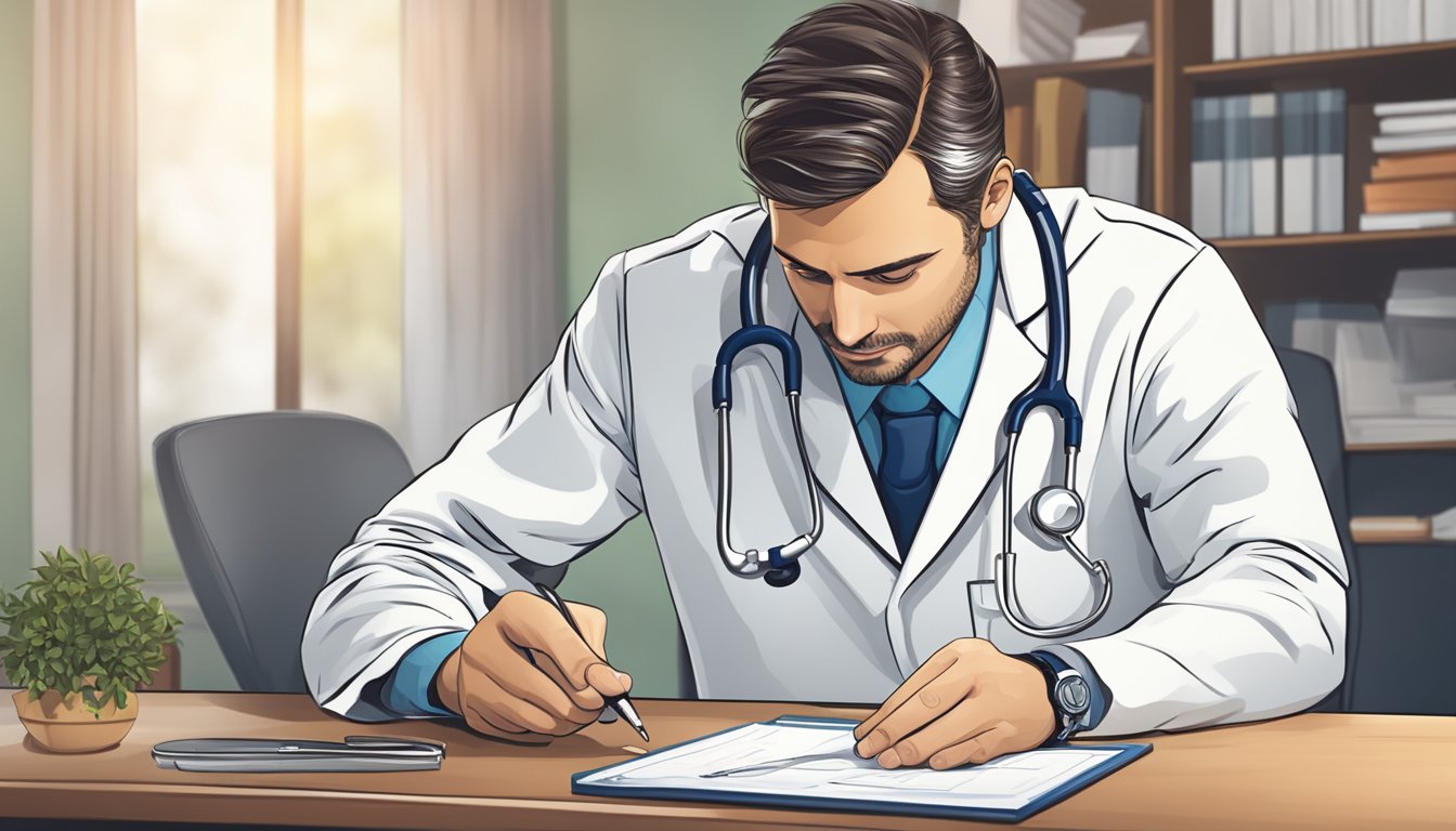 A stethoscope and a medical chart on a desk with a serious expression on a doctor's face