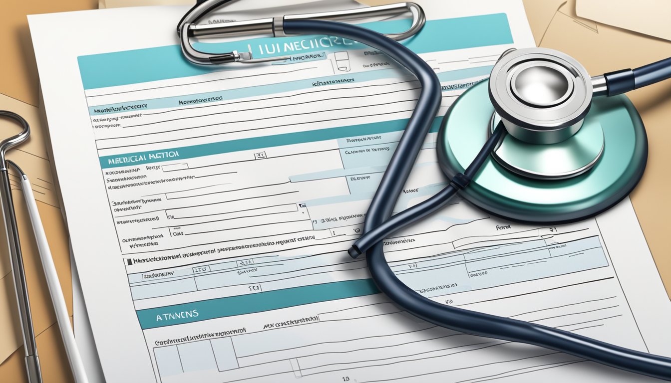 A medical insurance form being filled out with a doctor's stethoscope and a pile of medical documents nearby