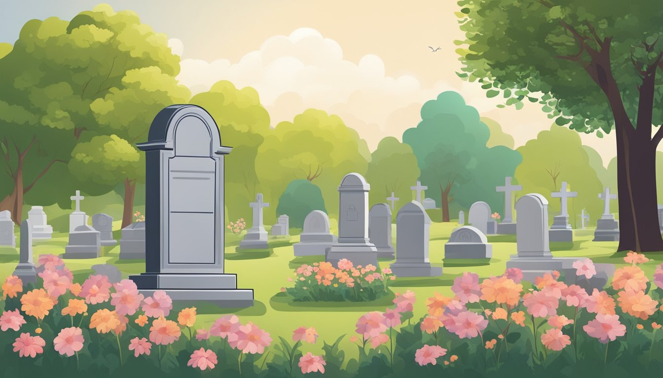 A peaceful cemetery with a lone gravestone surrounded by flowers and trees, symbolizing the need for burial insurance in Missouri