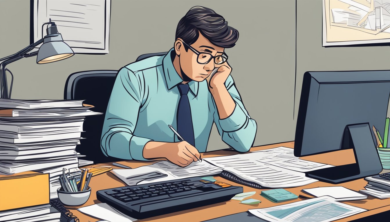 A person researching illness insurance options at a desk with a calculator, documents, and a worried expression