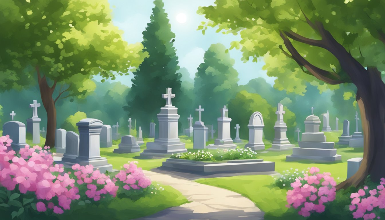 A serene cemetery with a peaceful atmosphere, surrounded by lush greenery and flowers, with a gentle breeze blowing through the trees