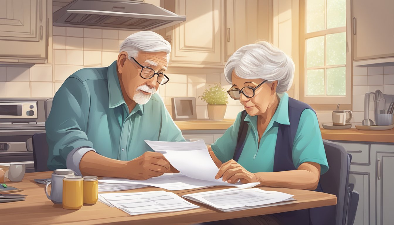 An elderly couple sitting at a kitchen table, filling out paperwork with a stack of documents and a computer nearby