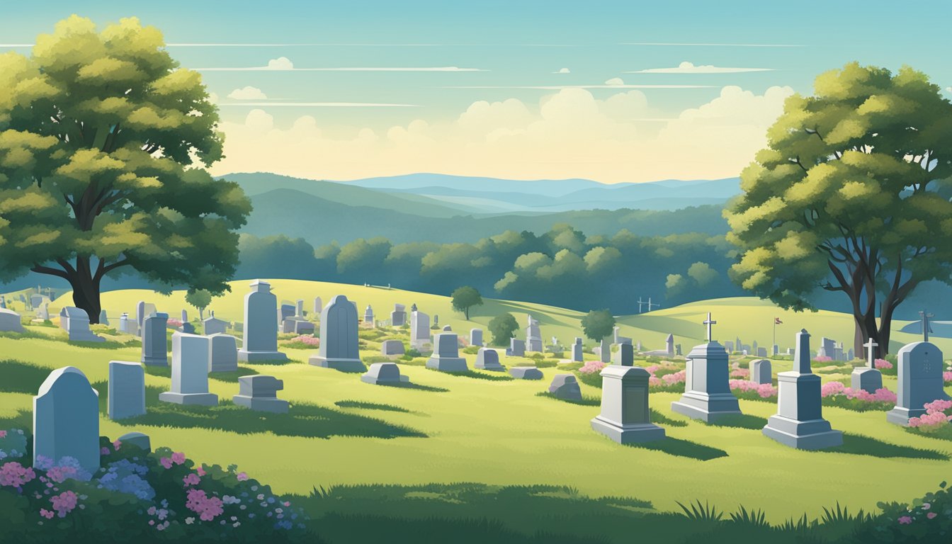 A serene cemetery nestled among rolling hills in North Carolina, with a clear blue sky and a peaceful atmosphere