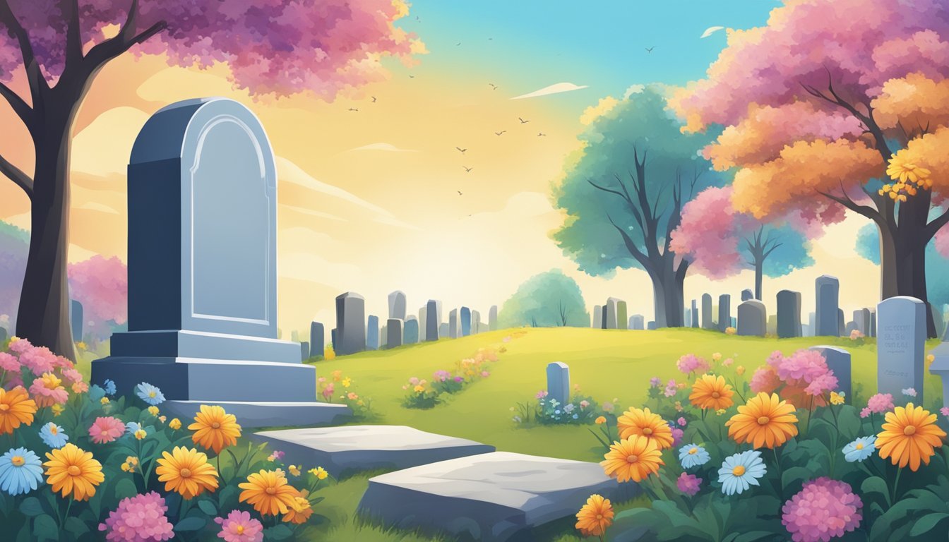 A serene cemetery with a single headstone surrounded by colorful flowers and a peaceful, blue sky overhead