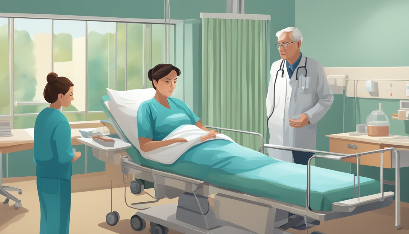 A person receiving medical treatment in a hospital room, with a concerned family member looking on from a chair