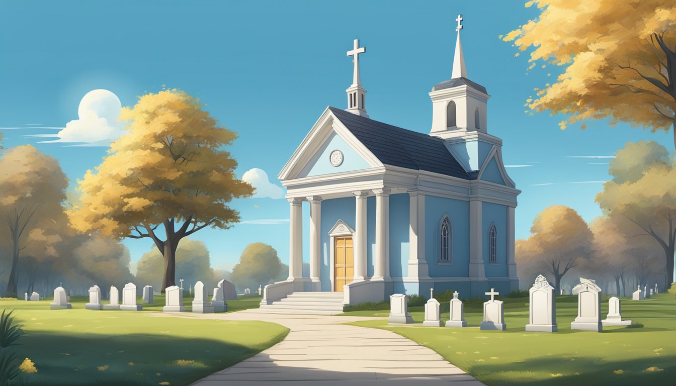 A serene, peaceful cemetery with a small chapel and a row of trees lining the entrance, under a clear blue sky