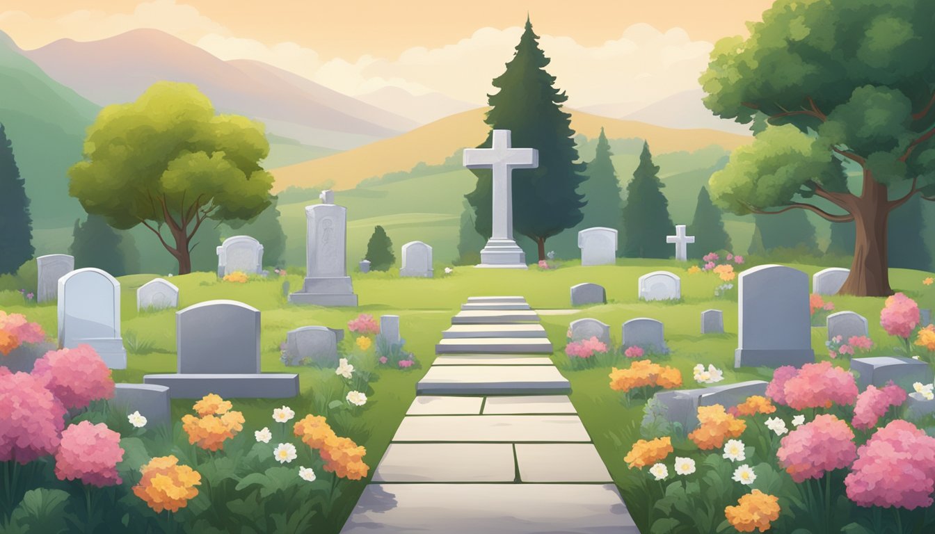 A serene cemetery with a gravestone surrounded by flowers and a peaceful landscape in the background