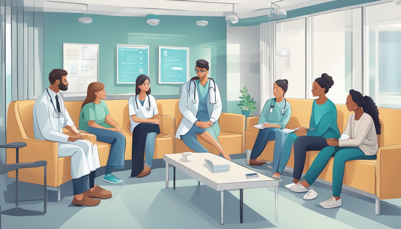 A doctor explaining critical illness insurance to a patient's family in a hospital waiting room