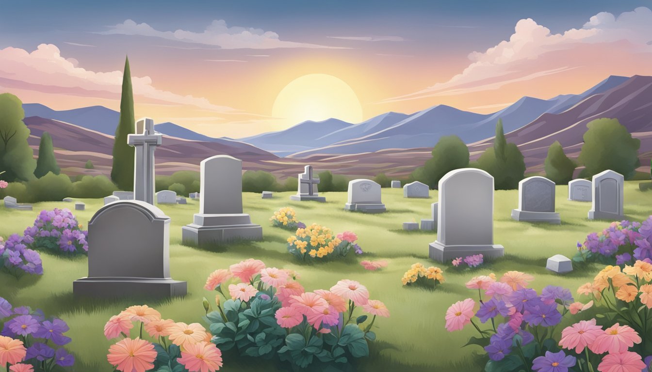 A serene cemetery with a tombstone and flowers, surrounded by a peaceful landscape in Nevada