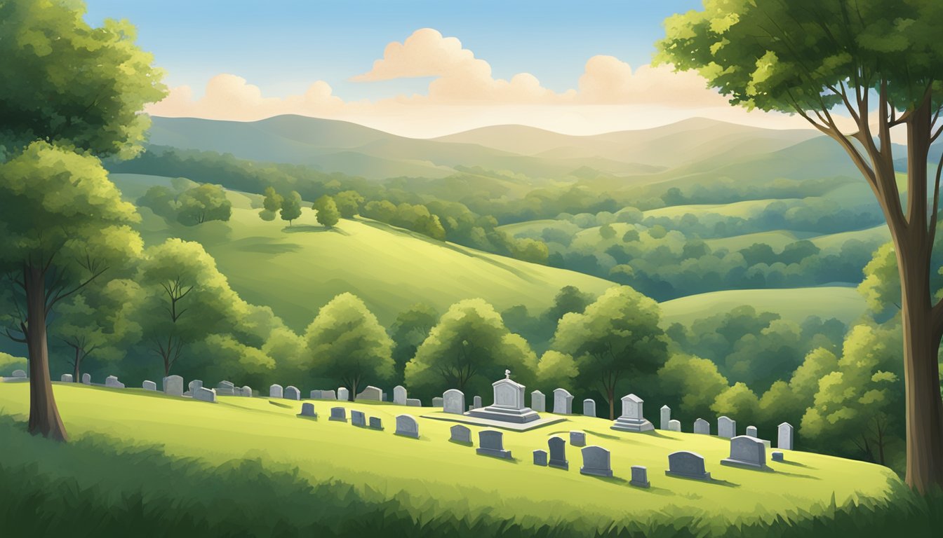 A serene countryside scene with a small, quaint cemetery nestled among rolling hills and surrounded by lush greenery in North Carolina