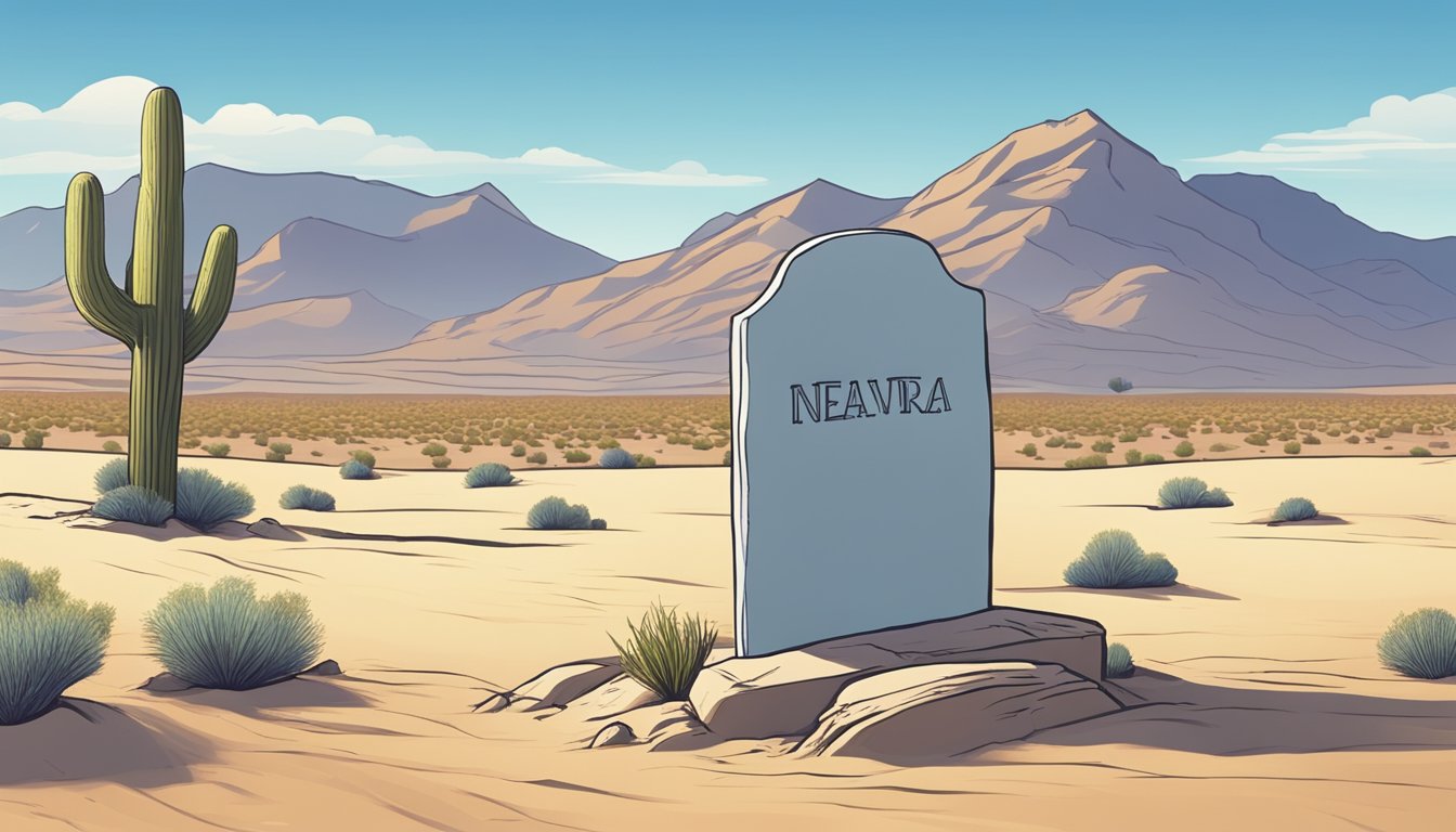 A serene desert landscape with a lone gravestone under a clear blue sky, surrounded by peaceful mountains in Nevada