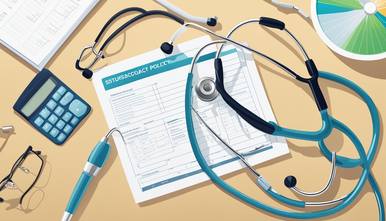 A stethoscope and medical chart on a desk, with a calculator and insurance policy booklet open alongside