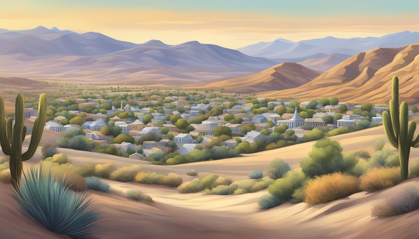 A serene desert landscape with a small town in the background, and a peaceful cemetery nestled among the rolling hills of Nevada