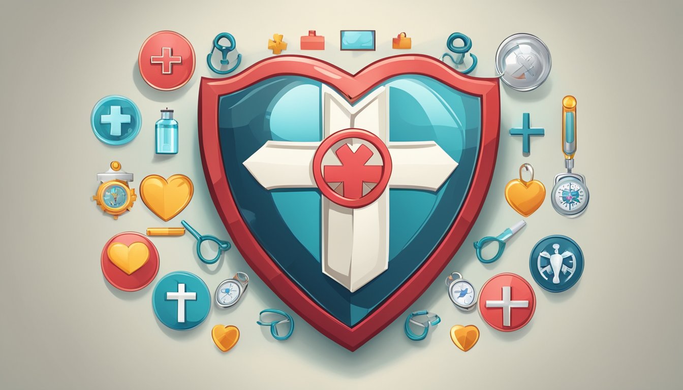 A heart-shaped shield with a medical cross in the center, surrounded by various symbols representing different critical illnesses