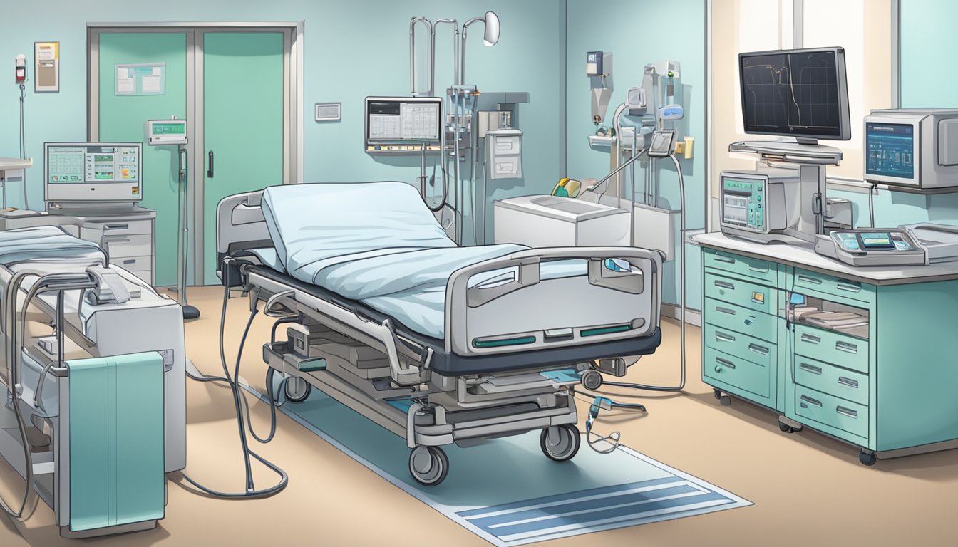 A hospital bed with a heart monitor, surrounded by medical equipment and a doctor's clipboard