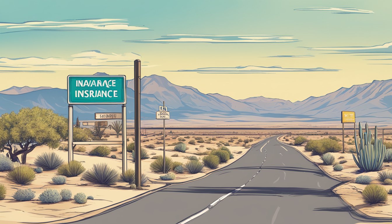 A serene desert landscape with a clear blue sky, featuring a small town in Nevada and a sign for a burial insurance office